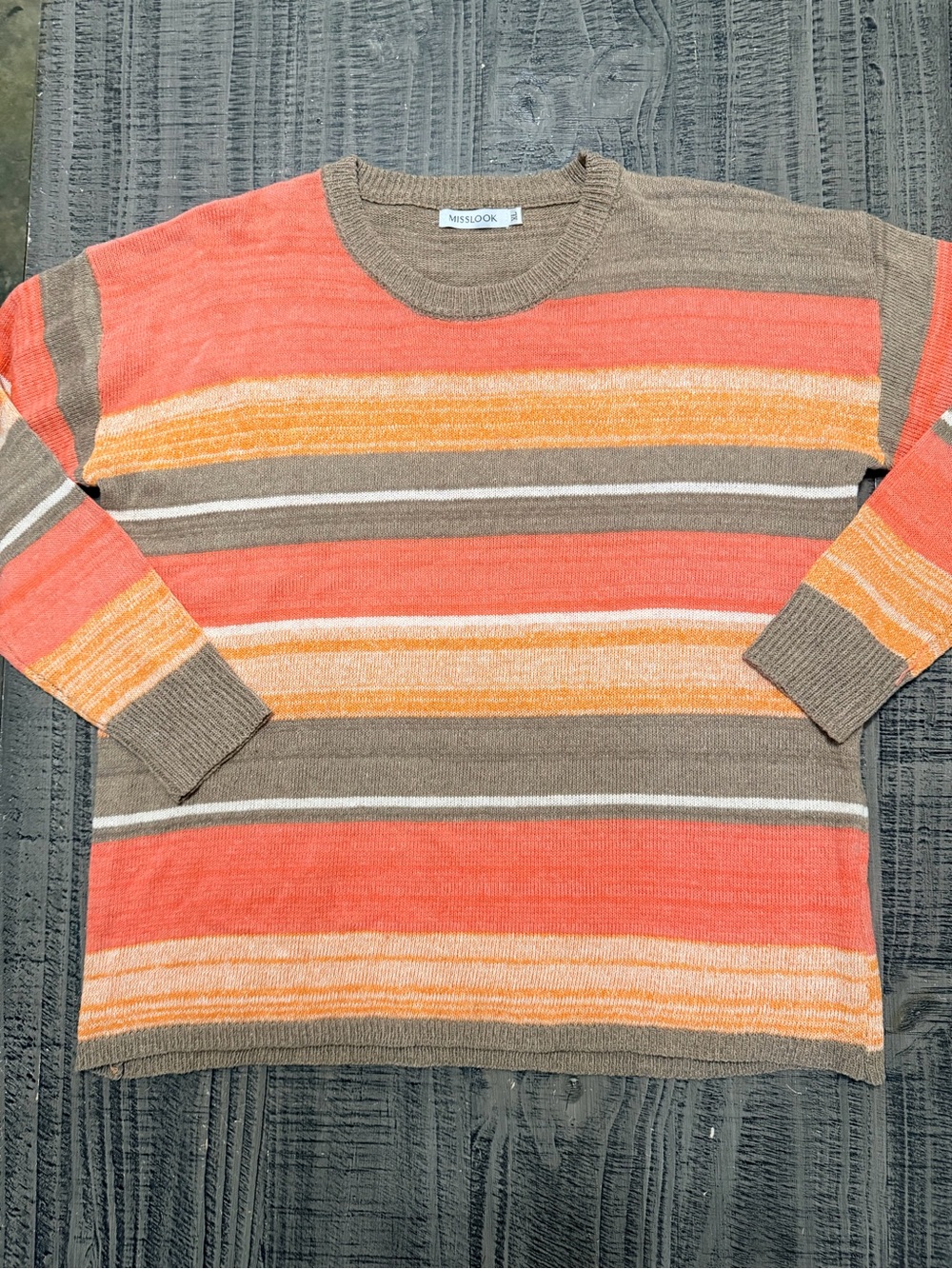 MISSLOOK Coral, Orange & Brown Striped Crewneck Sweater